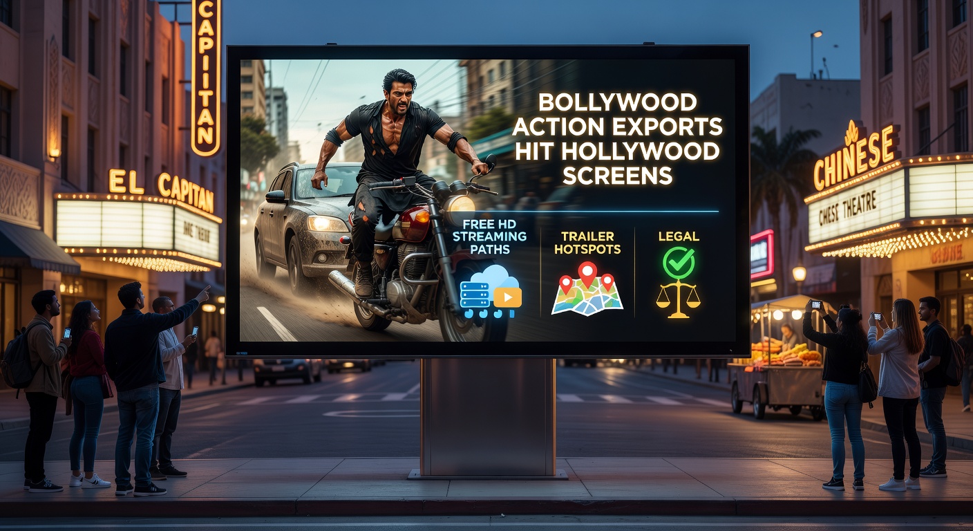Hollywood billboard featuring Bollywood star in explosive action pose, highlighting cross-cultural cinema fusion