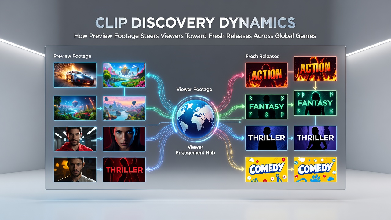 Viewers interacting with genre-specific preview clips on a global ad-supported streaming dashboard