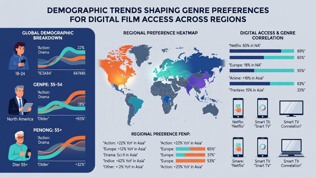 Diverse group of viewers engaging with different film genres on mobile devices reflecting demographic influences