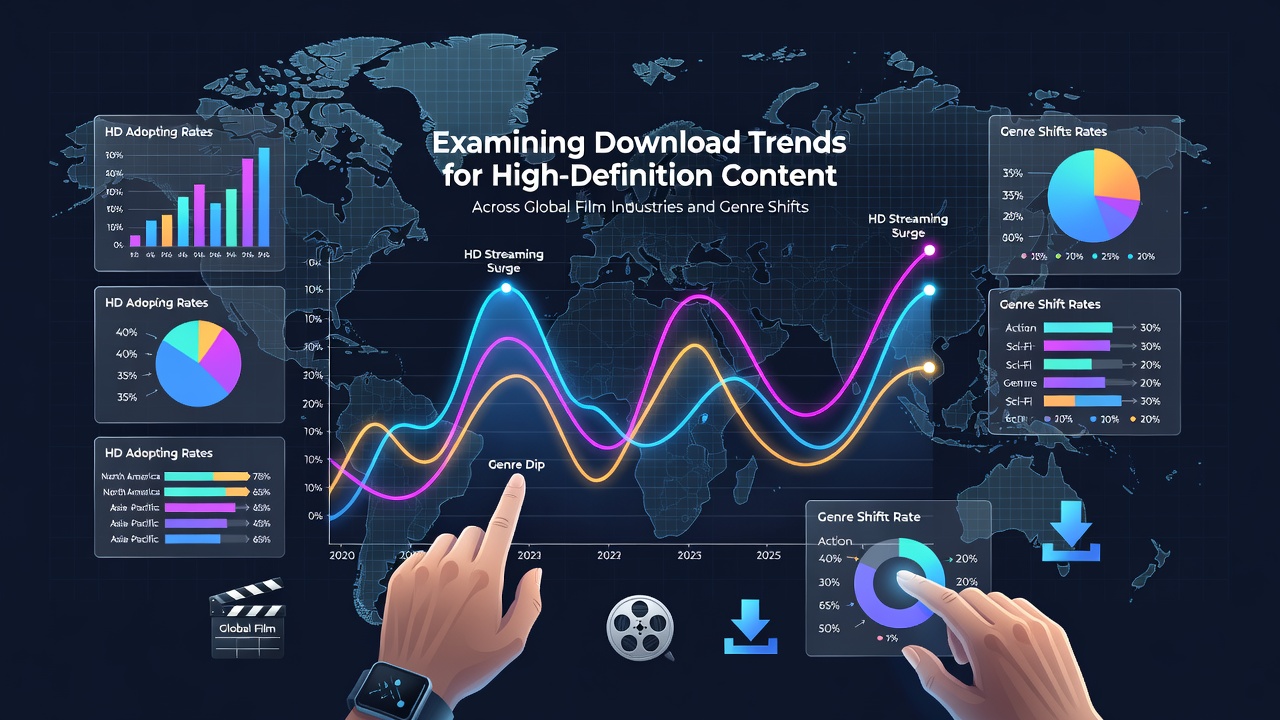 Chart displaying worldwide high-definition film download volumes by region and genre from 2020 to 2026