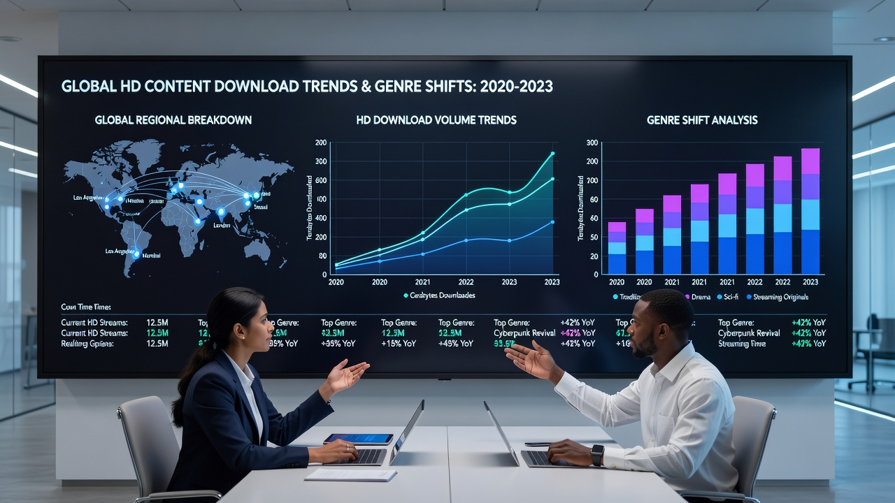 Infographic illustrating genre distribution changes in high-definition film downloads across major global markets