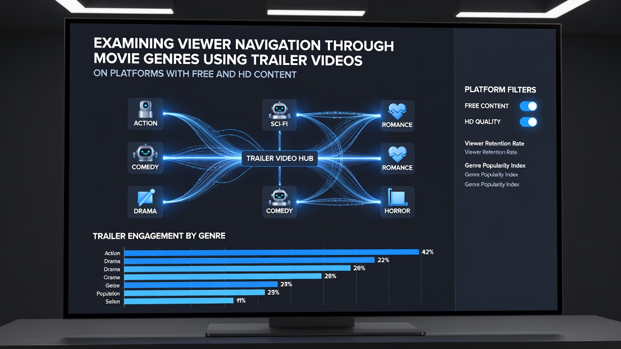Analytics dashboard showing viewer navigation paths across movie genres via trailer interactions on free and HD streaming services