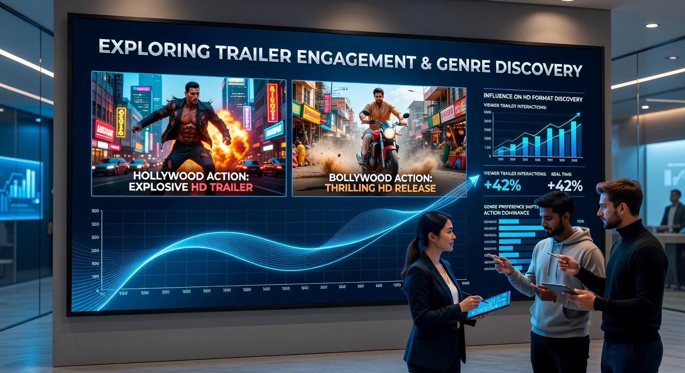 Analytics dashboard showing trailer engagement metrics for Hollywood and Bollywood action films