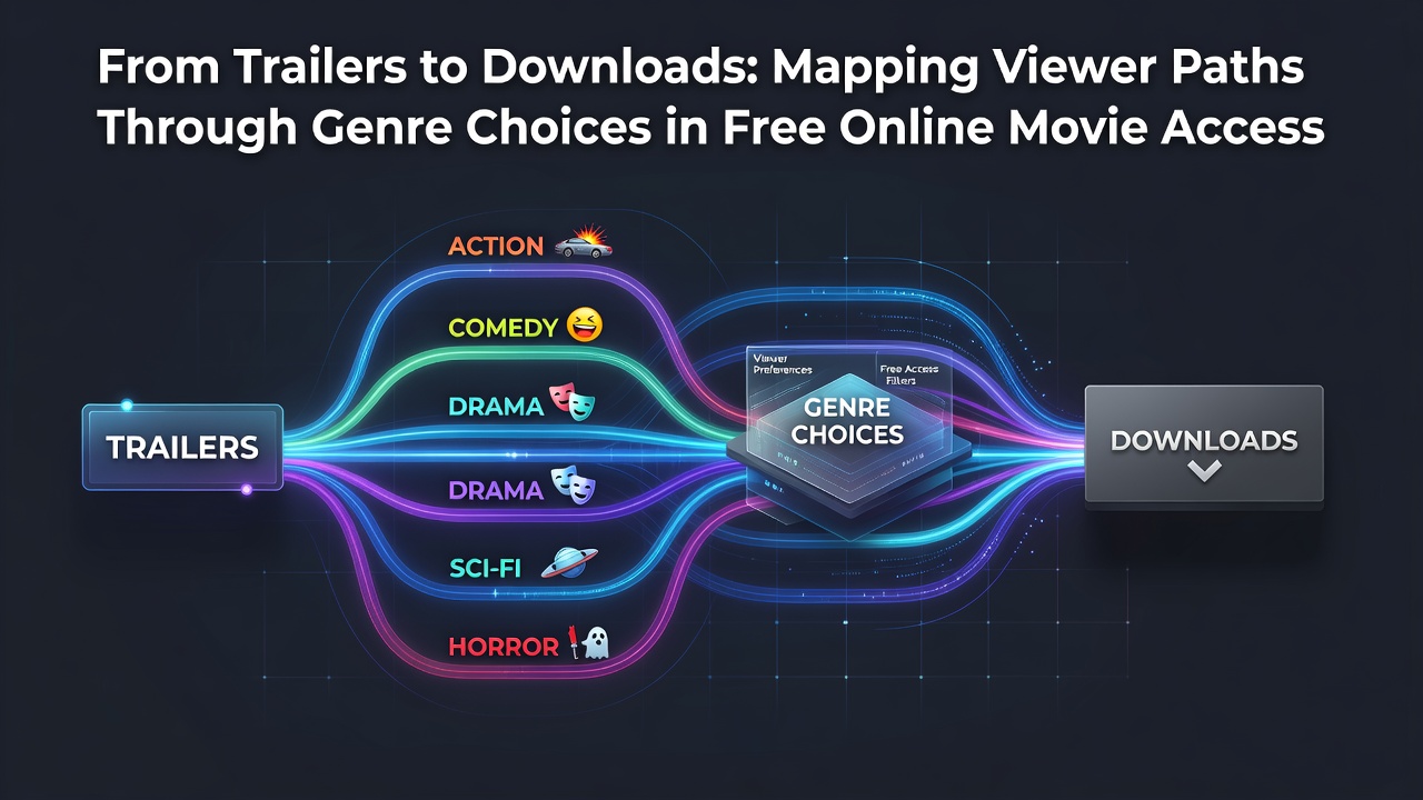 Viewer journey from movie trailers to genre selection and free online downloads illustrated with digital path mapping