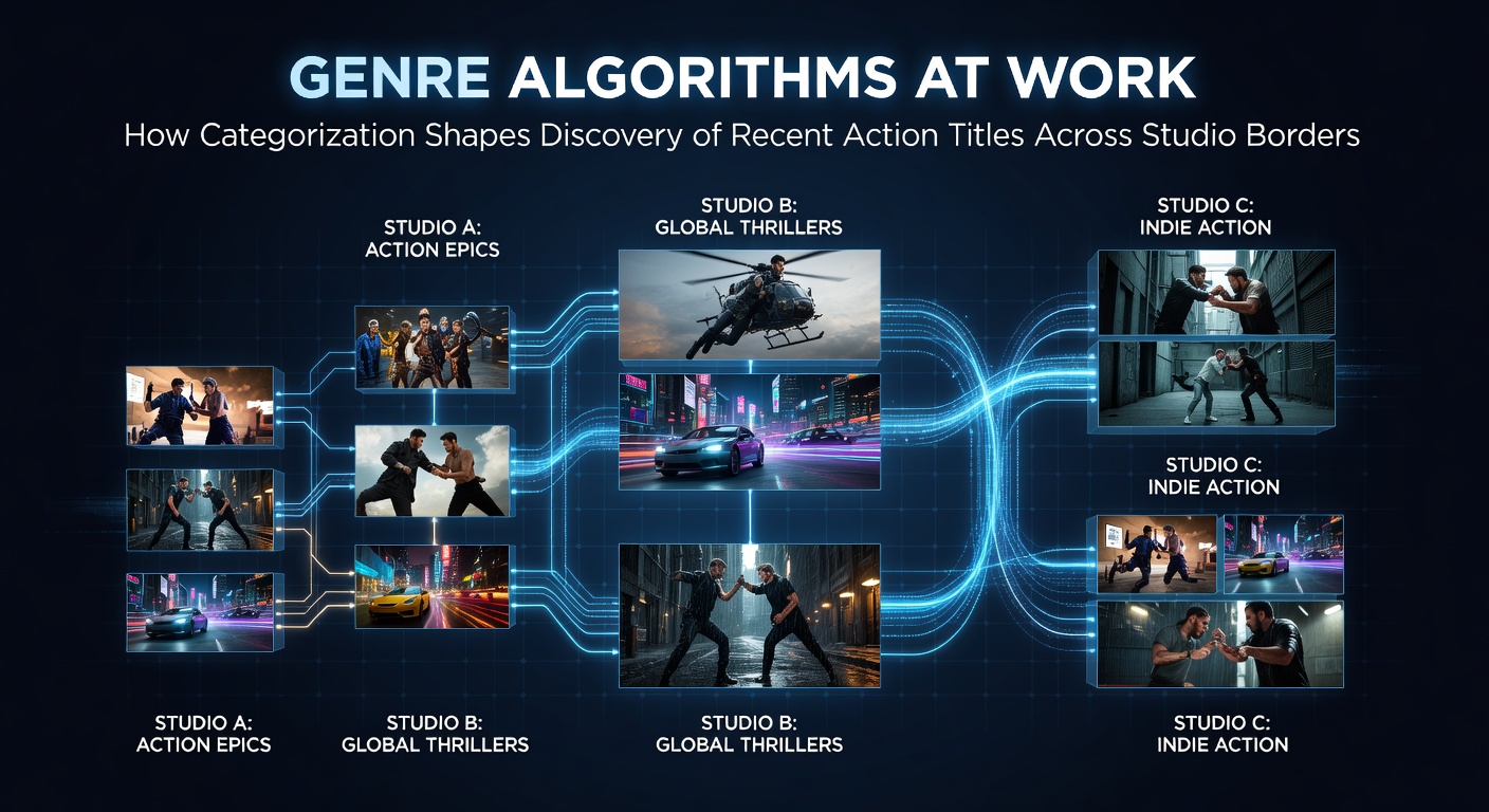 Diagram illustrating how streaming platforms apply genre tags to action films from Hollywood and Bollywood studios