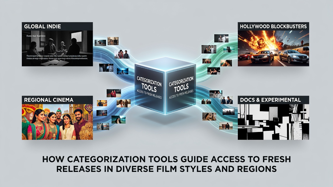 Streaming platform interface displaying categorized film releases by genre and region