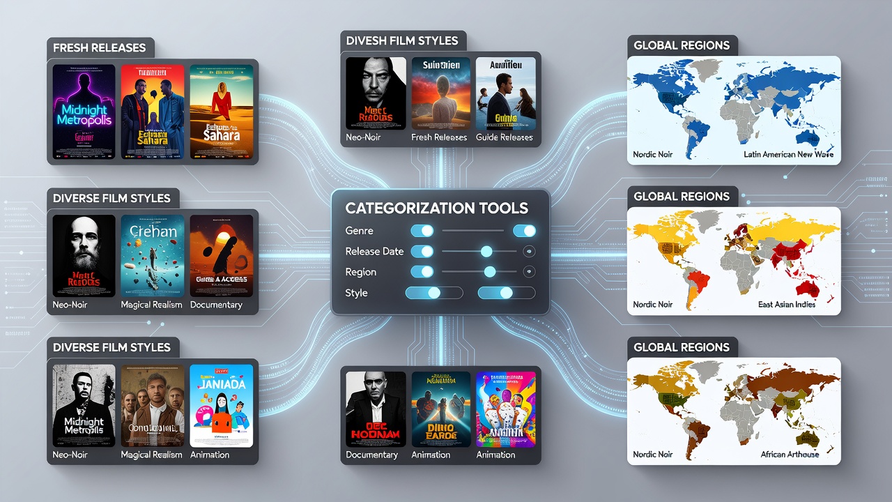 Global map overlay on streaming dashboard showing regional film categorization filters