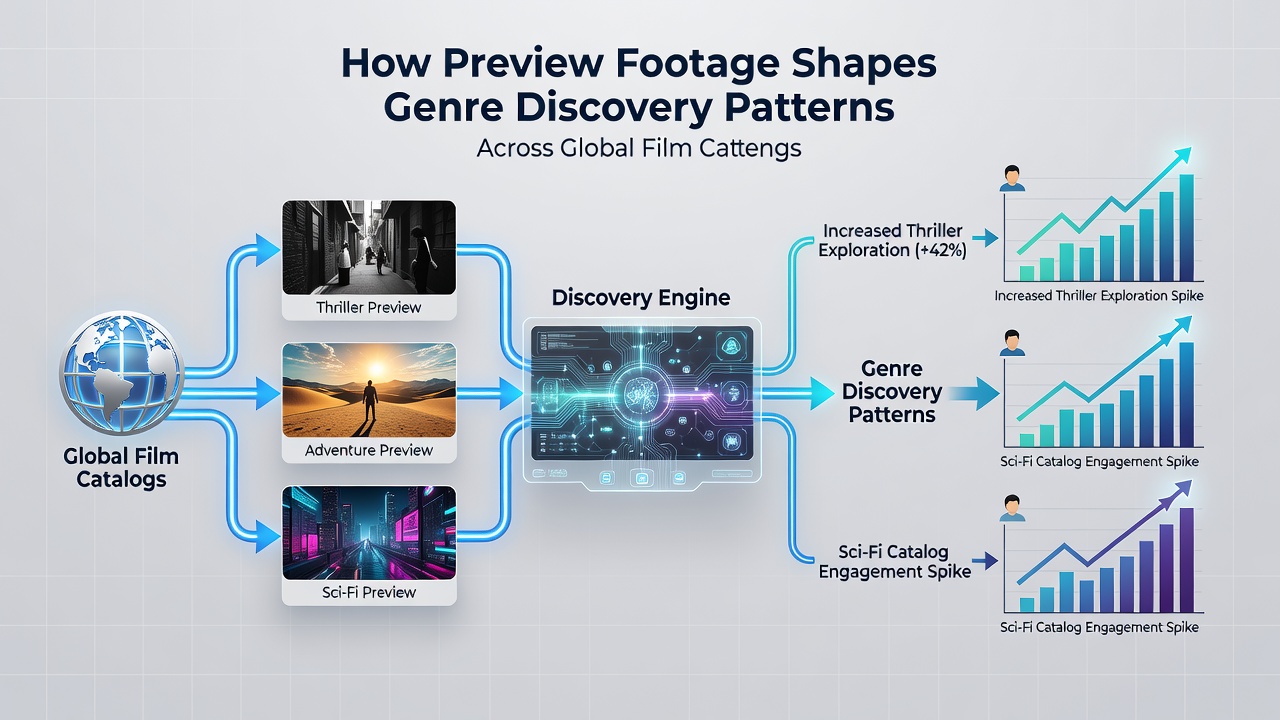 Data visualization charts illustrating genre discovery rates influenced by preview footage across continents
