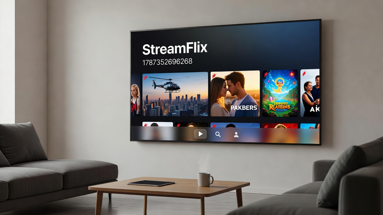 Close-up of a tablet screen showing a streaming service library with movie thumbnails