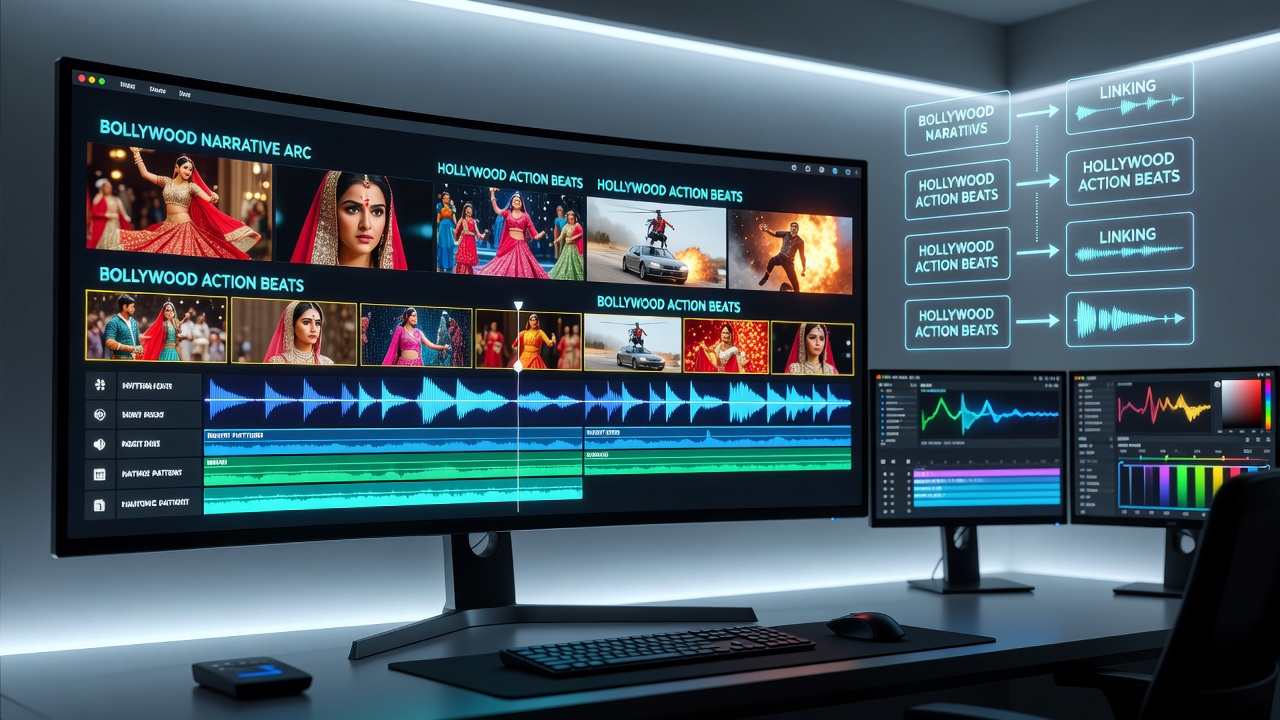 Timeline graphic illustrating global trailer release schedules with Bollywood and Hollywood editing pattern overlays
