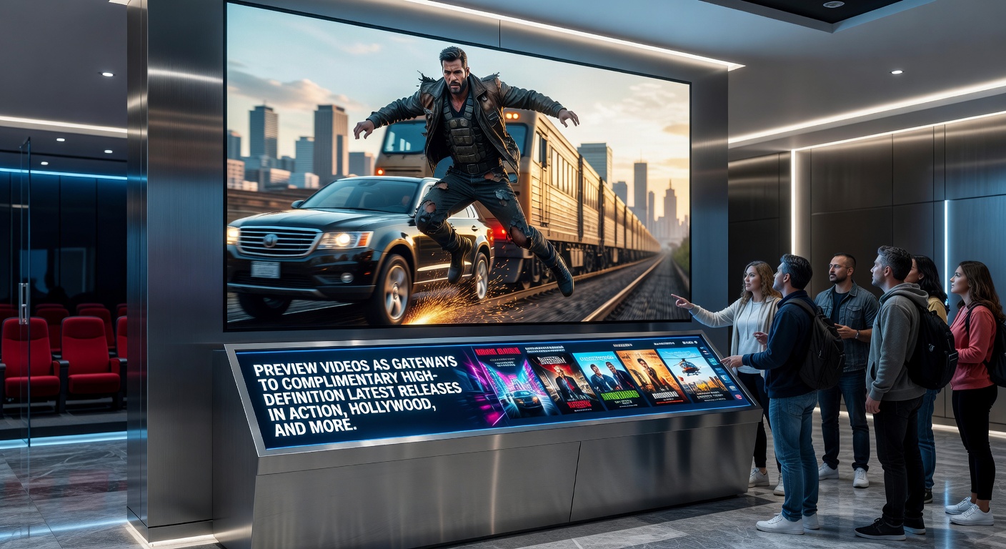 Split screen showing Bollywood and Hollywood action movie preview interfaces leading to HD streams