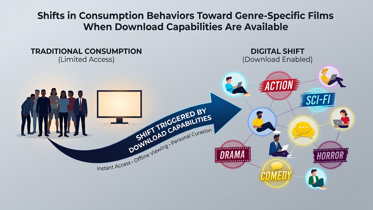 Viewers selecting genre films for download on a tablet device