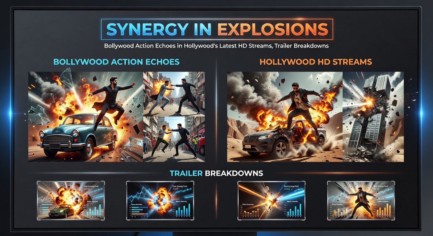 Screenshots of explosive trailers from Bollywood-Hollywood fusion films playing on an HD streaming device