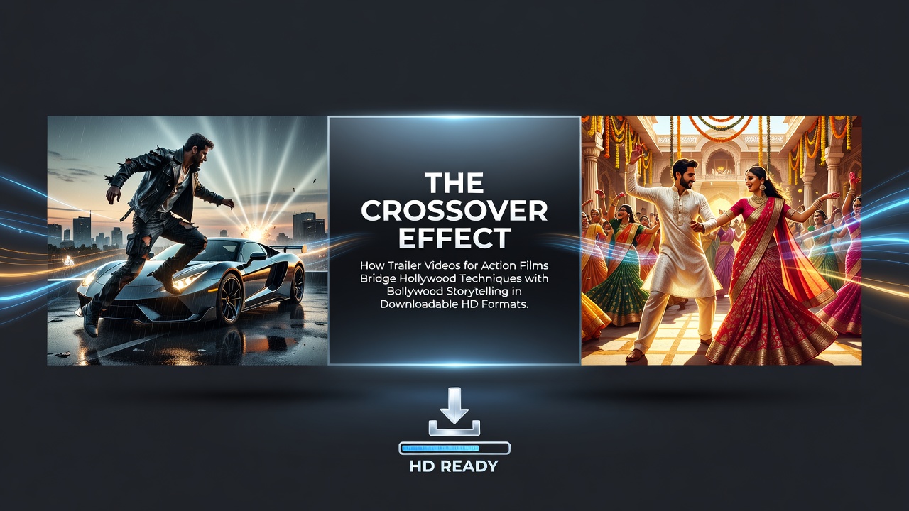 Action film trailer showcasing Hollywood CGI effects blended with Bollywood dramatic storytelling elements in high-definition format