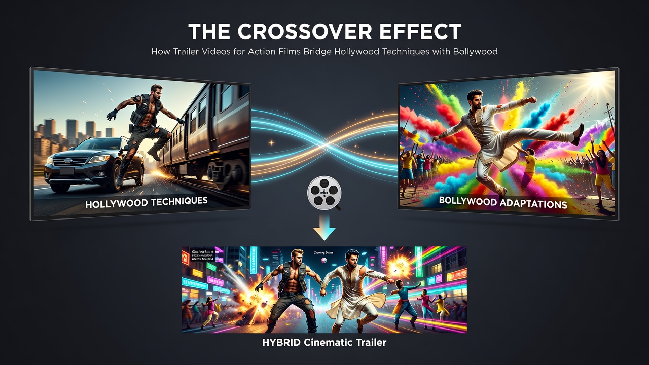 Close-up of a downloadable HD trailer interface displaying action sequence merged with emotional Bollywood narrative beats
