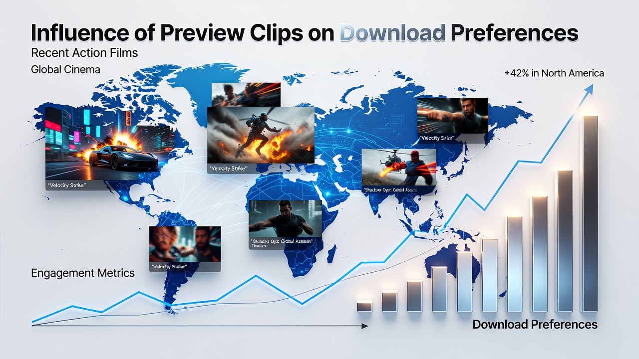 Analytics dashboard displaying regional download trends linked to action film preview performance