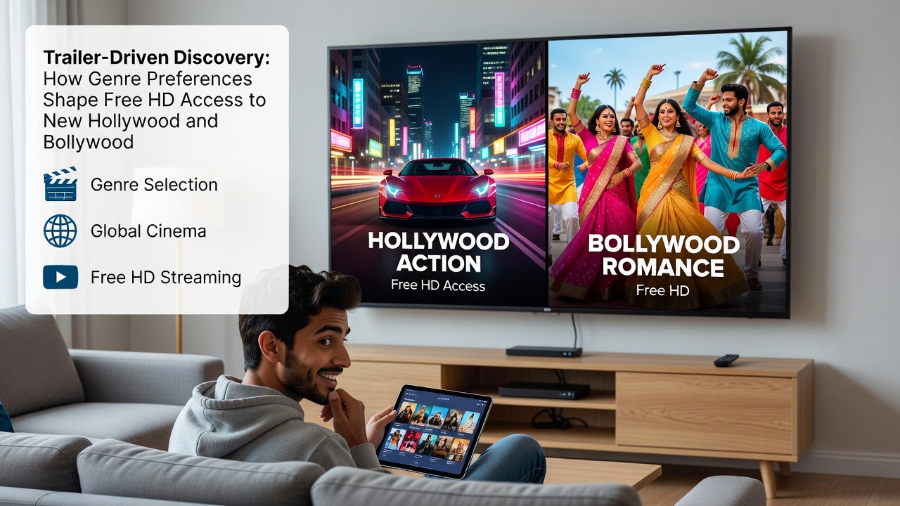 Digital interface showing genre filters and free HD download options for recent Hollywood and Bollywood movies