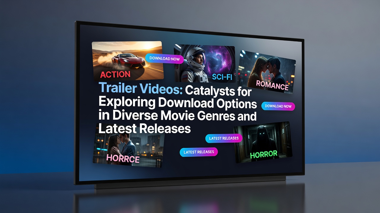 Movie trailer screenshot showing dynamic scenes from various film genres that prompt viewers to explore download platforms