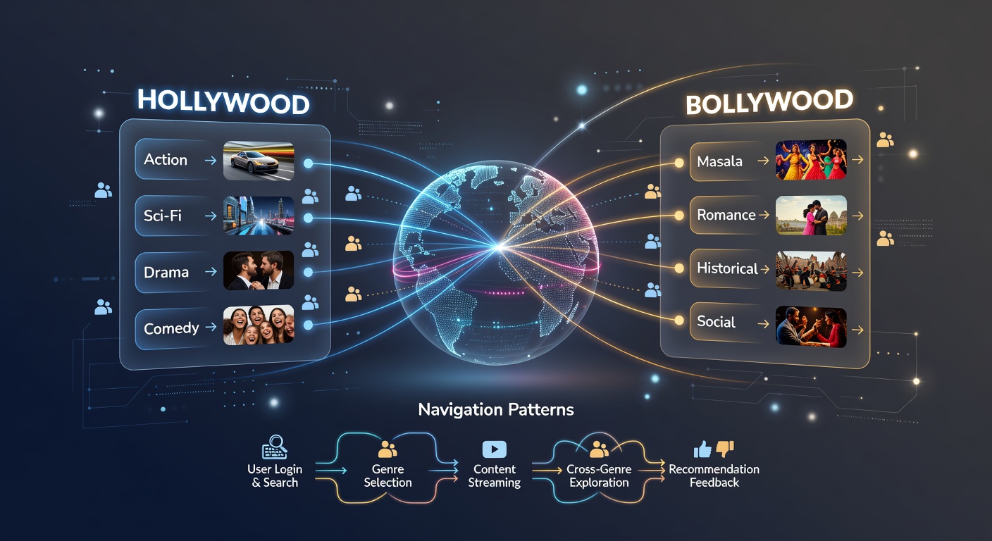 Audience navigation flows between Hollywood and Bollywood action titles in digital archives