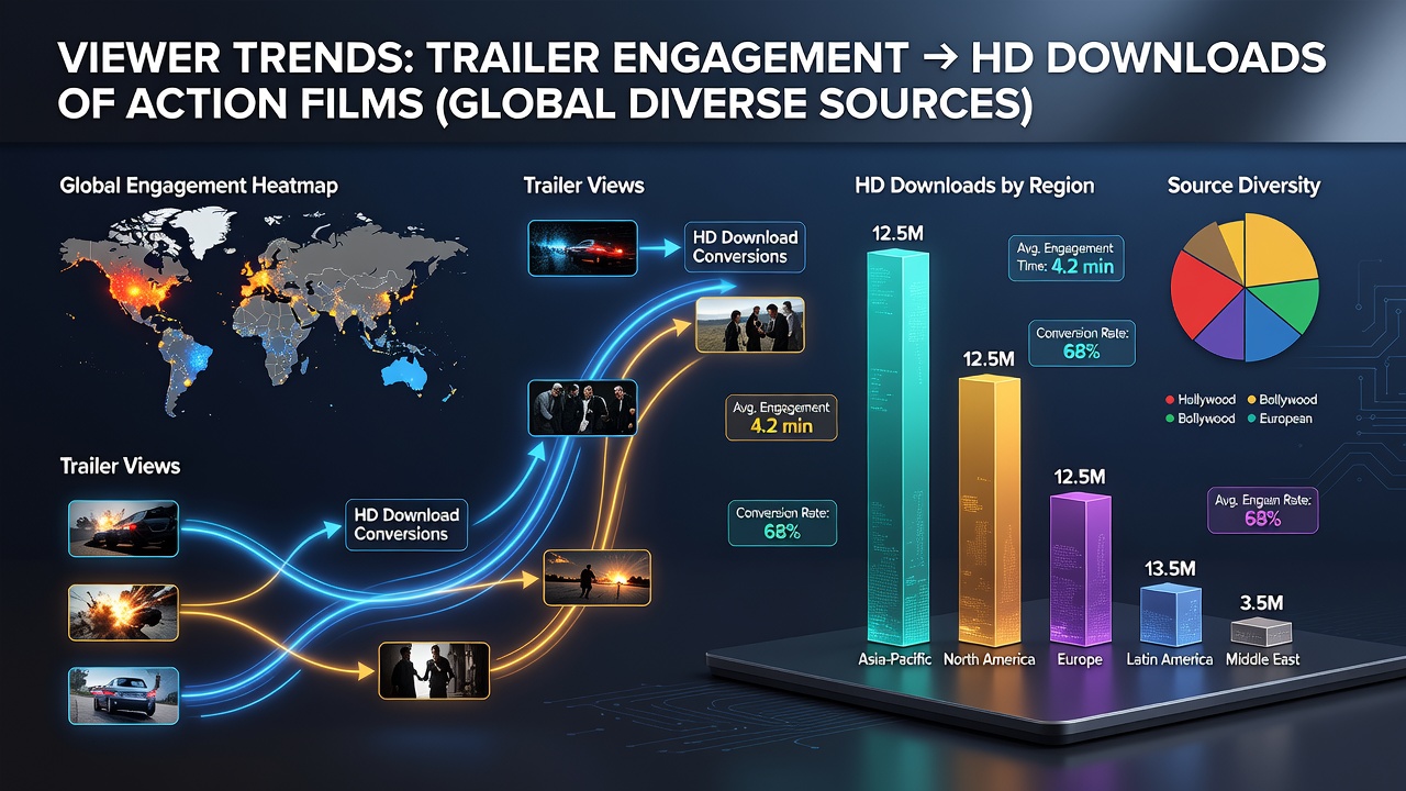 Analytics dashboard displaying trailer engagement metrics and download correlations for action films
